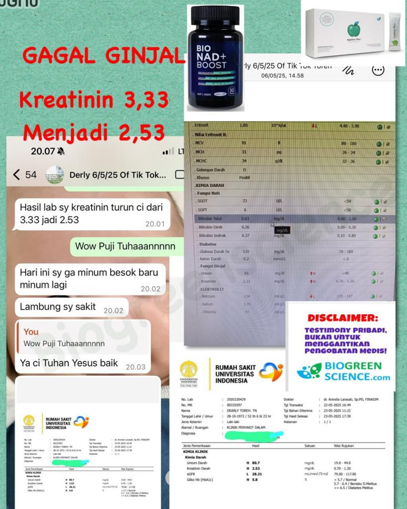 Testimoni Gagal Ginjal Kronis: Kreatinin Turun dari 3,33 ke 2,53 Tanpa Cuci Darah, Berkat Apple SC Plus & Bio NAD Boost dari Biogreen Science
